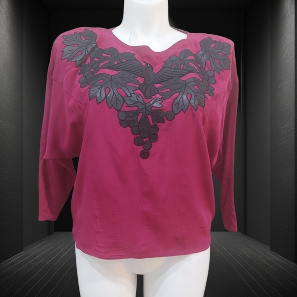mercedes & Adrienne Tops - Mercedes & Adrienne VTG Wine/Black Leather Appliqué Top Blouse with 3/4 Sleeves